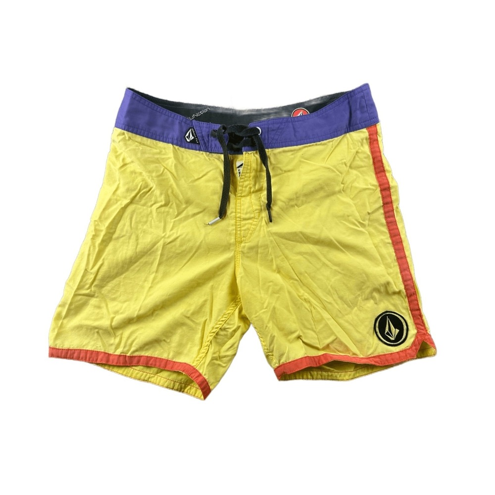 Y2K Volcom Board Shorts Boys 16 Yellow Dredge Youth Colorblock Beachy Summer